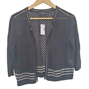 RW&Co. Black Open Knit Cardigan With Striped Hem M